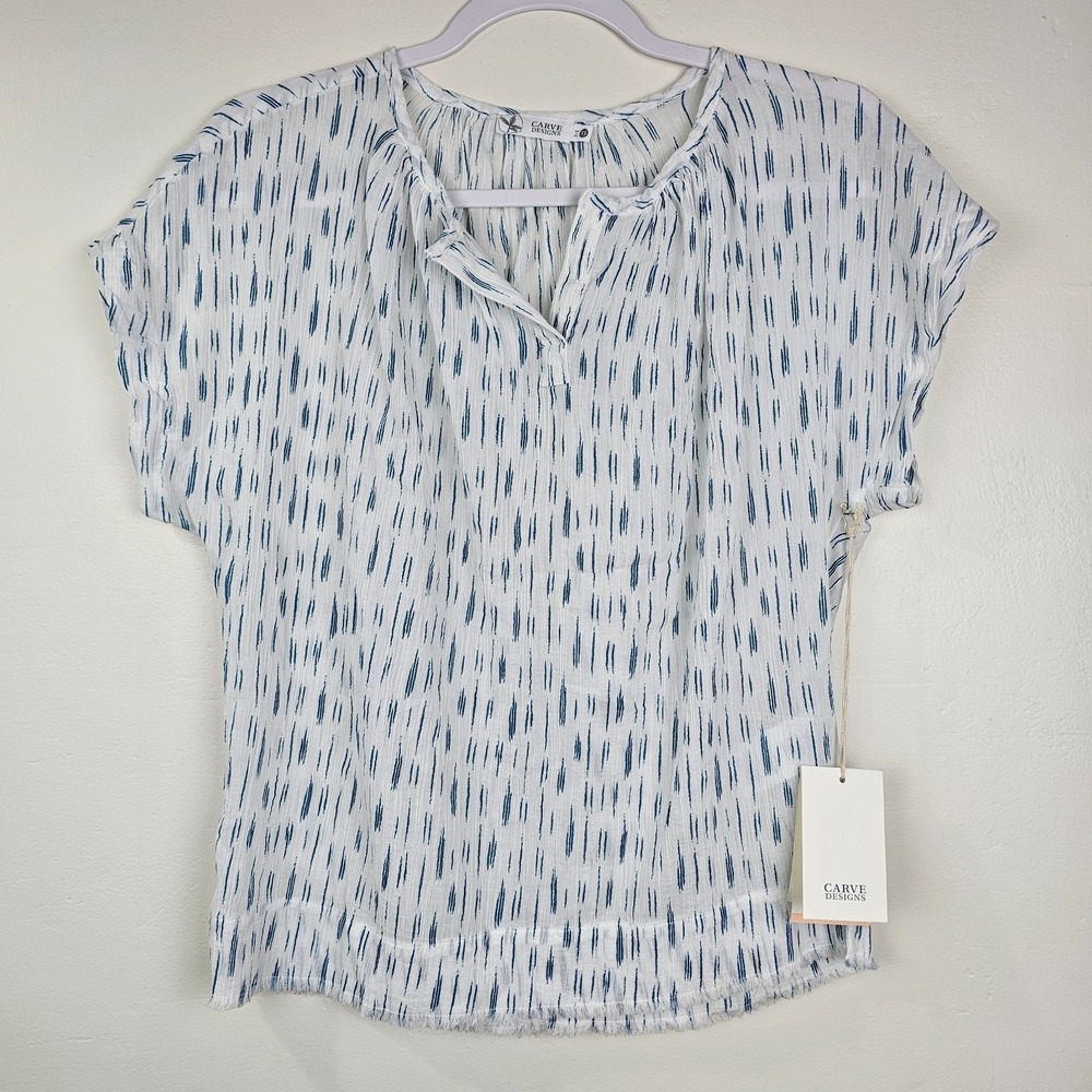 Carve Designs Top Women XS Azul Ikat James Top Organic Cotton Raw Hem